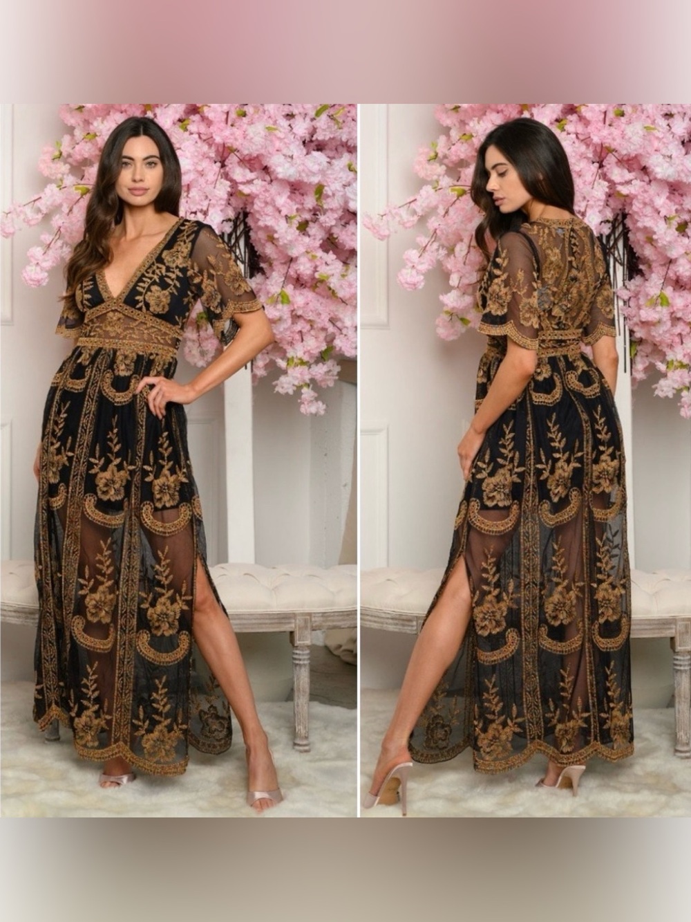 Cloud Ten Embroidered Mesh Maxi Dress Black Multicolor Floral Size M